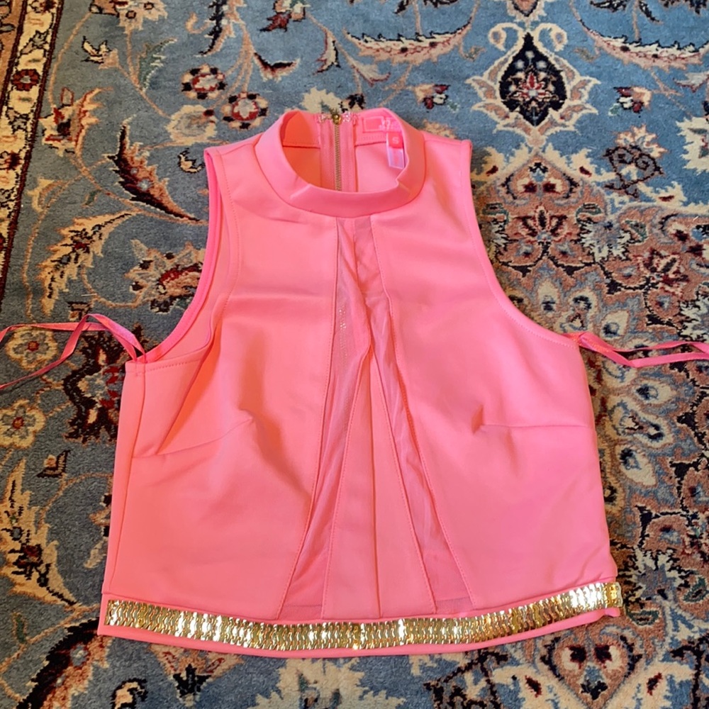 Pink Embroidered Crop Top with gold accents